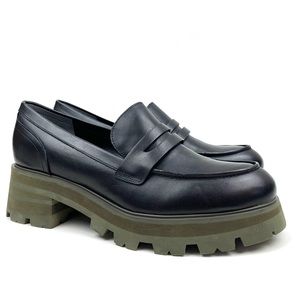 Marc Fisher Loafers Latika Lug Sole Chunky Platform Heel Black Leather Size 11